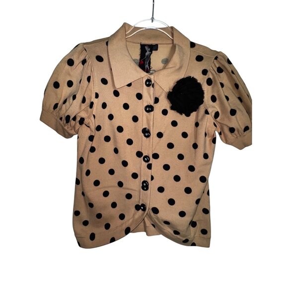 Retro Beige Polka Dot Puff Sleeve Button-Up Sweater‎ Black Flower Accent  Large - Picture 1 of 8